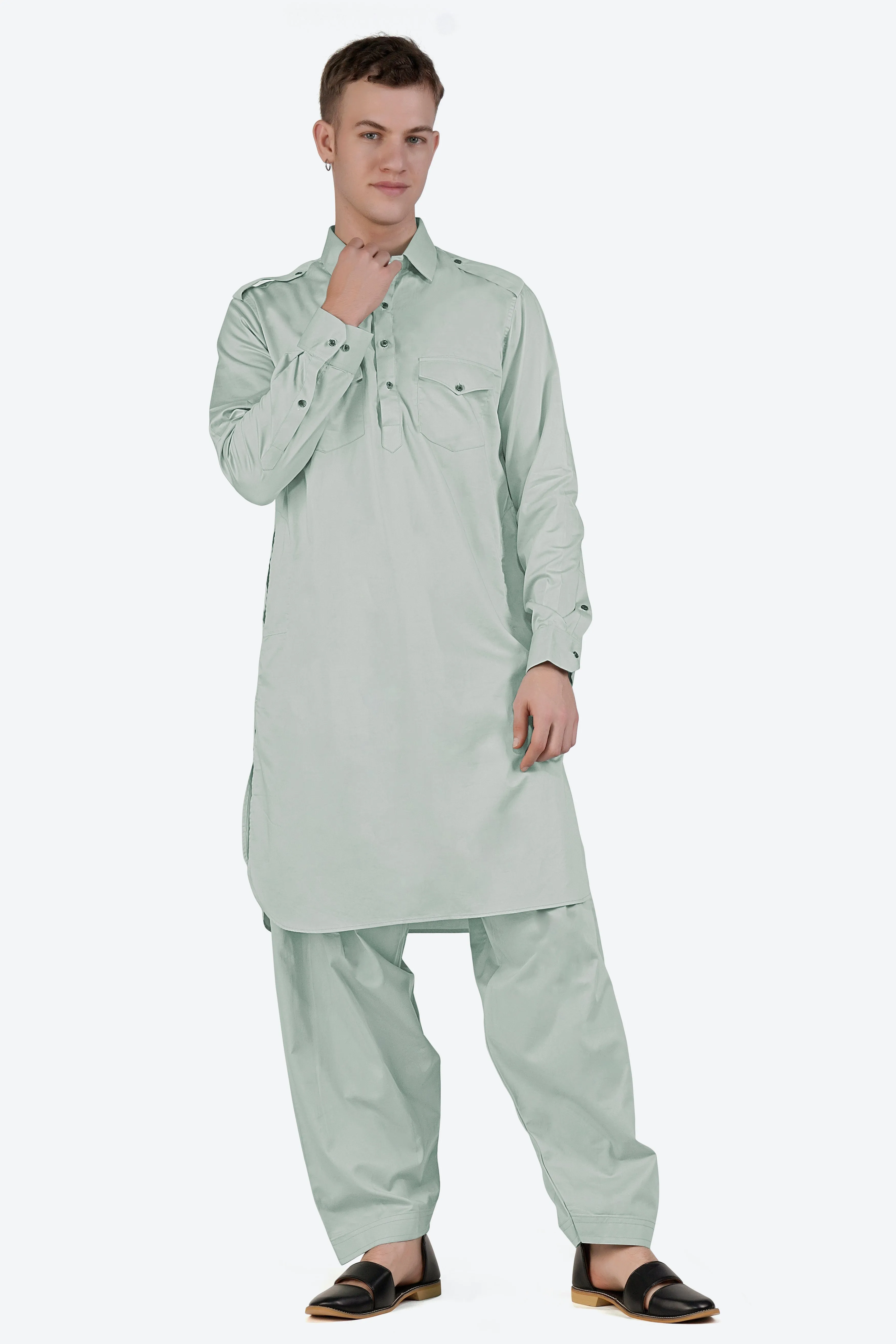 Periglacial Green Subtle Sheen Super Soft Premium Cotton Pathani Set sold by French Crown product image thumbnail 2