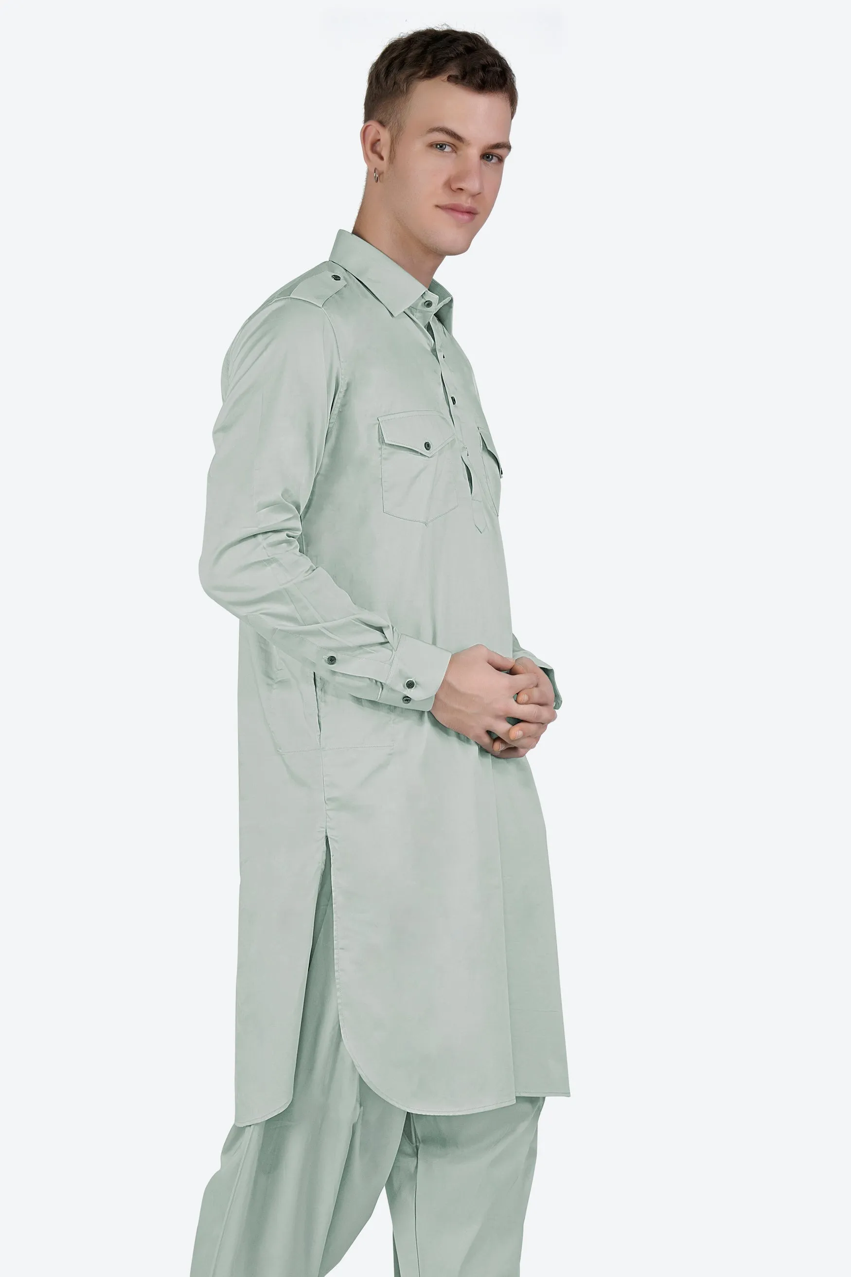 Periglacial Green Subtle Sheen Super Soft Premium Cotton Pathani Kurta sold by French Crown product image thumbnail 5