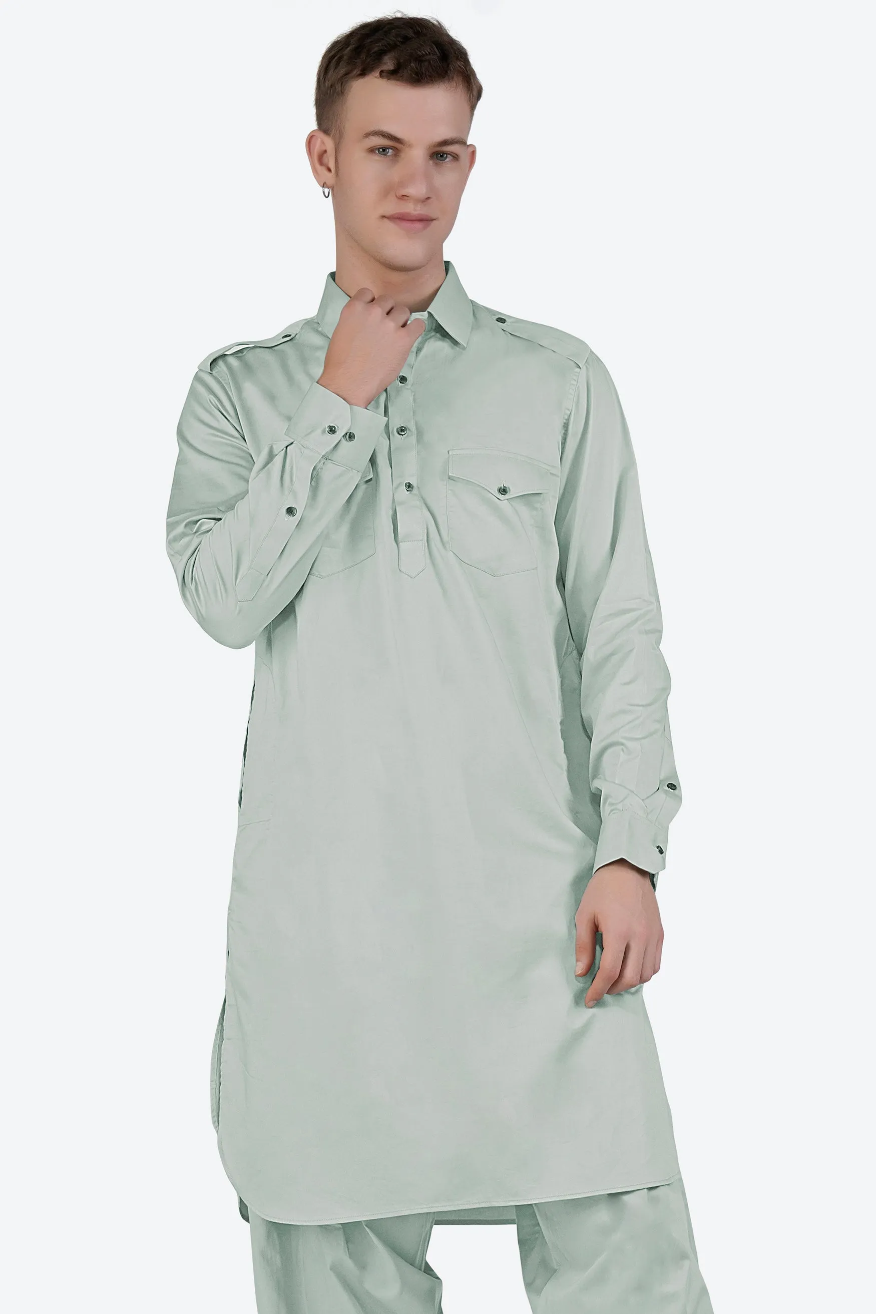 Periglacial Green Subtle Sheen Super Soft Premium Cotton Pathani Kurta sold by French Crown product image thumbnail 2