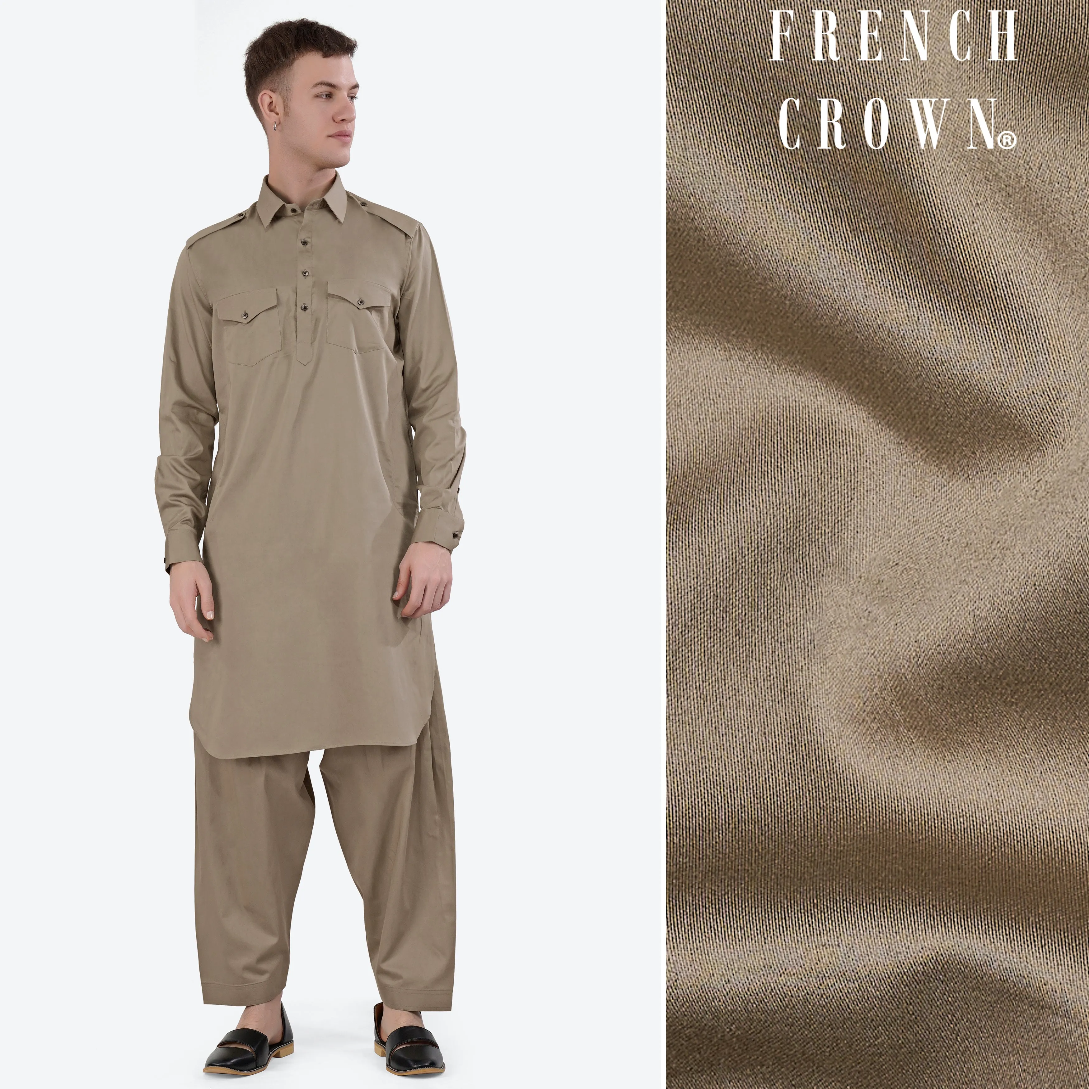 Arrowtown Brown Subtle Sheen Super Soft Premium Cotton Pathani Set sold by French Crown