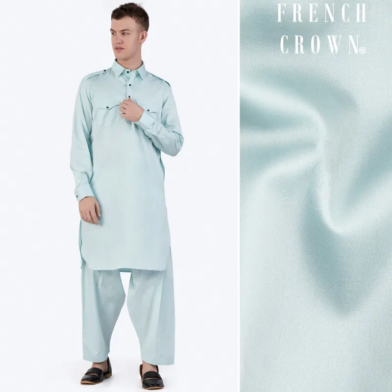 Mercury Blue Subtle Sheen Super Soft Premium Cotton Pathani Set sold by French Crown