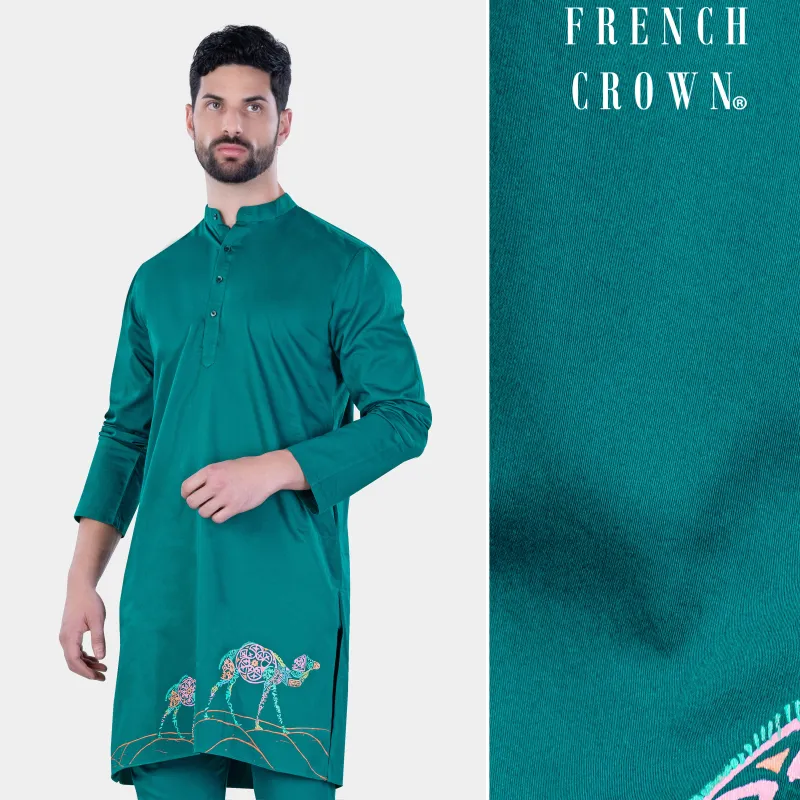 Aquamarine Green Camel Hand Painted Subtle Sheen Super Soft Premium Cotton Designer Kurta sold by French Crown