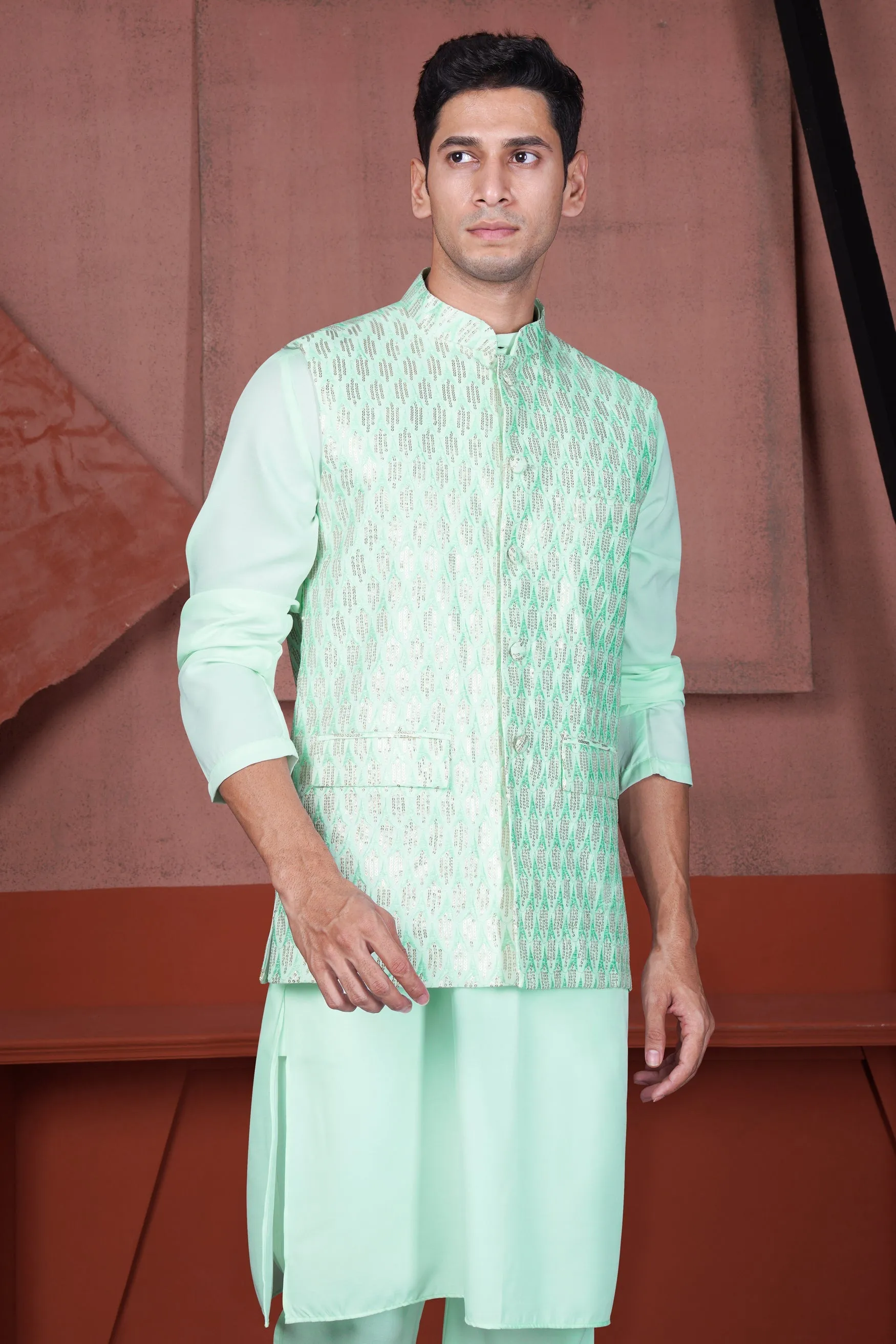Edgewater Green Viscose Embroidered with Tikki Work Designer Kurta with Nehru Jacket sold by French Crown product image thumbnail 5