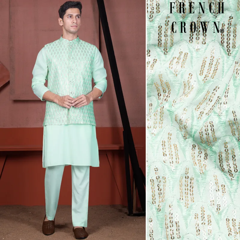 Edgewater Green Viscose Embroidered with Tikki Work Designer Kurta with Nehru Jacket sold by French Crown