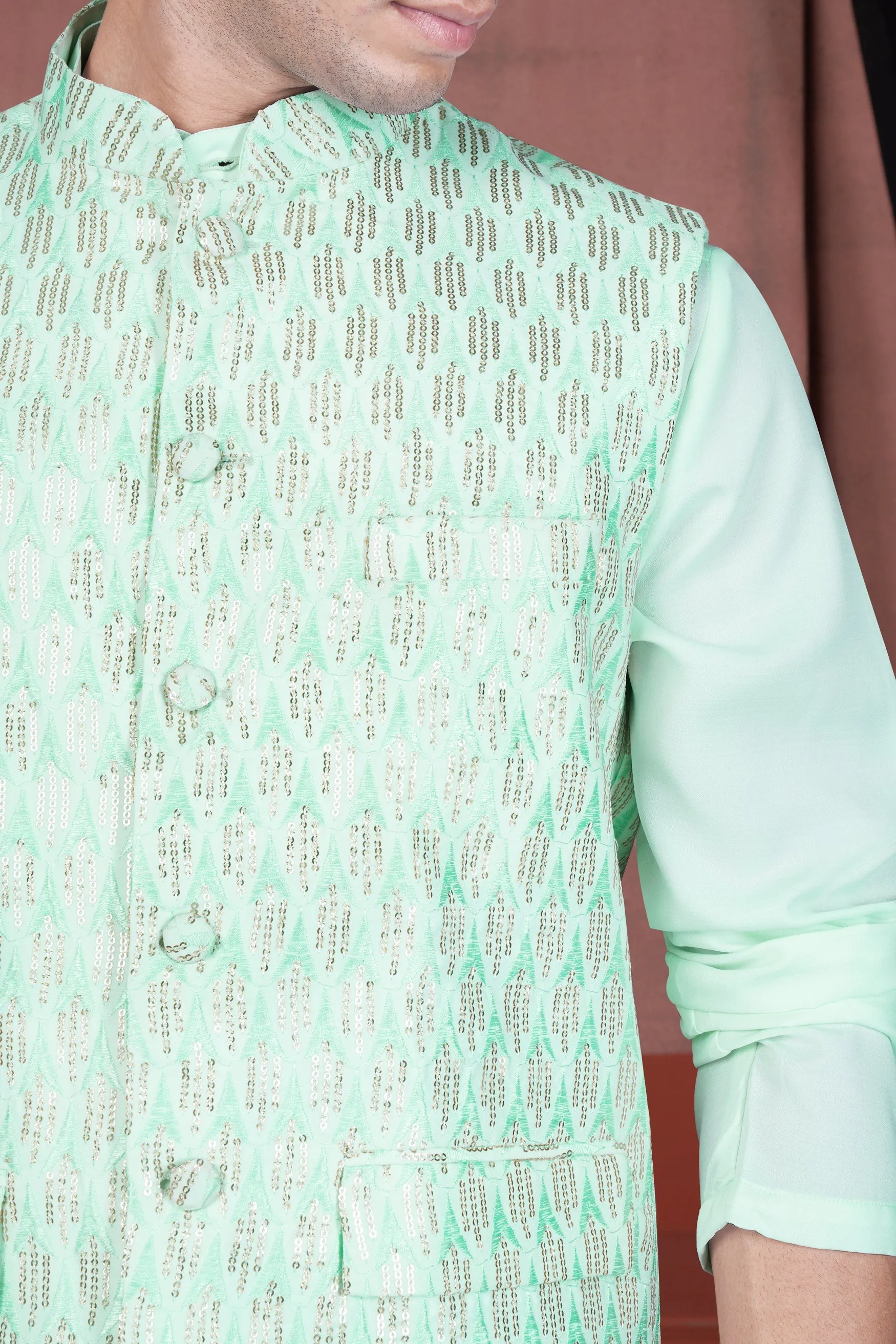 Edgewater Green Viscose Embroidered with Tikki Work Designer Kurta with Nehru Jacket sold by French Crown product image thumbnail 4