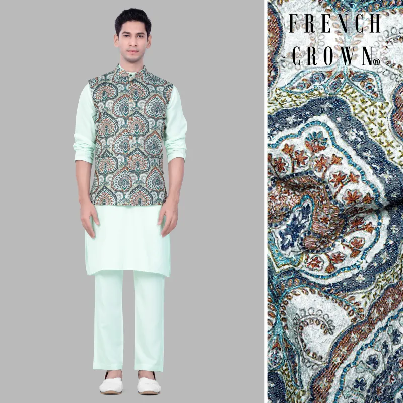 Periglacial Green Kurta Set With Shiraz Blue And Hippie Red MultiColour Embroidered Nehru Jacket sold by French Crown