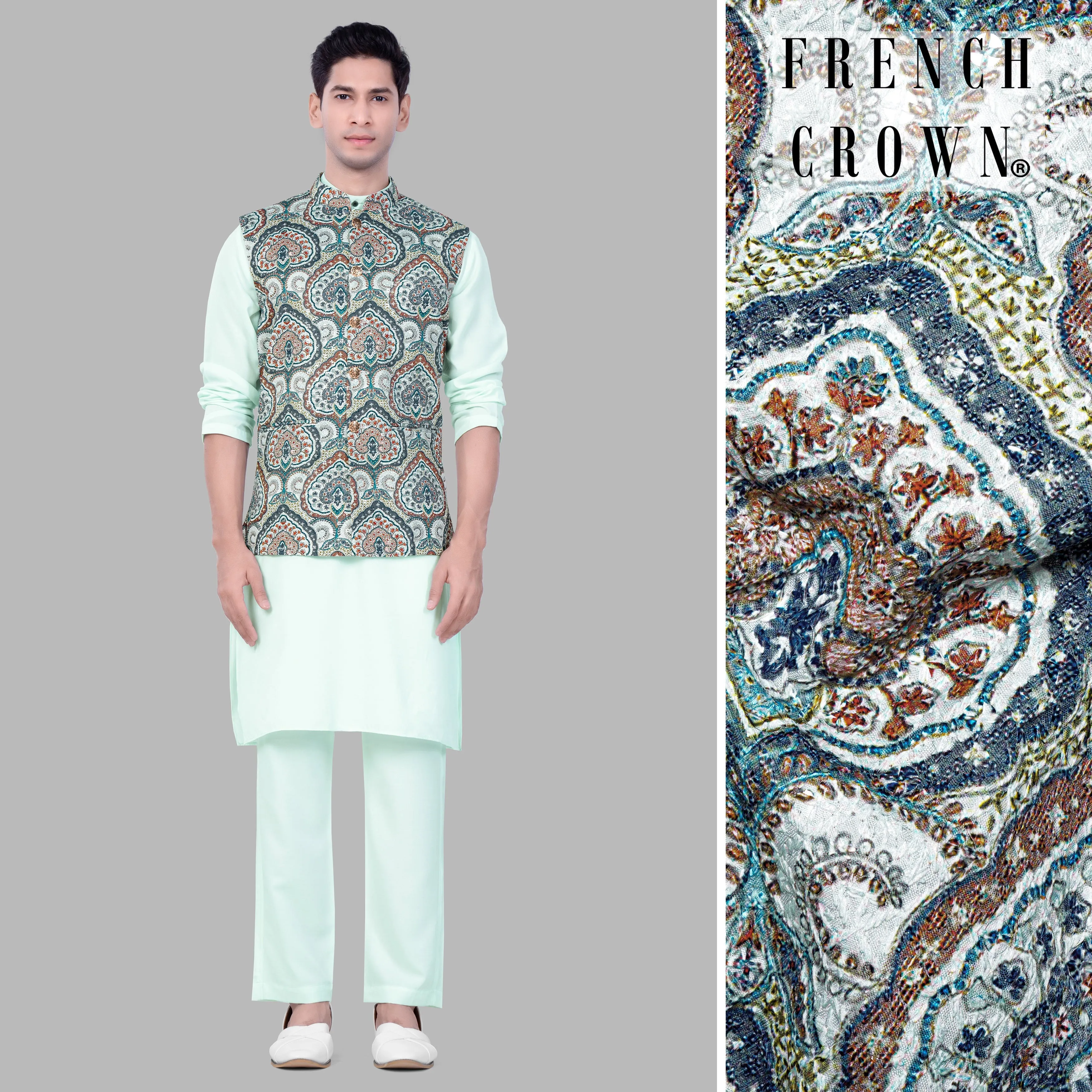 Periglacial Green Kurta Set With Shiraz Blue And Hippie Red MultiColour Embroidered Nehru Jacket sold by French Crown