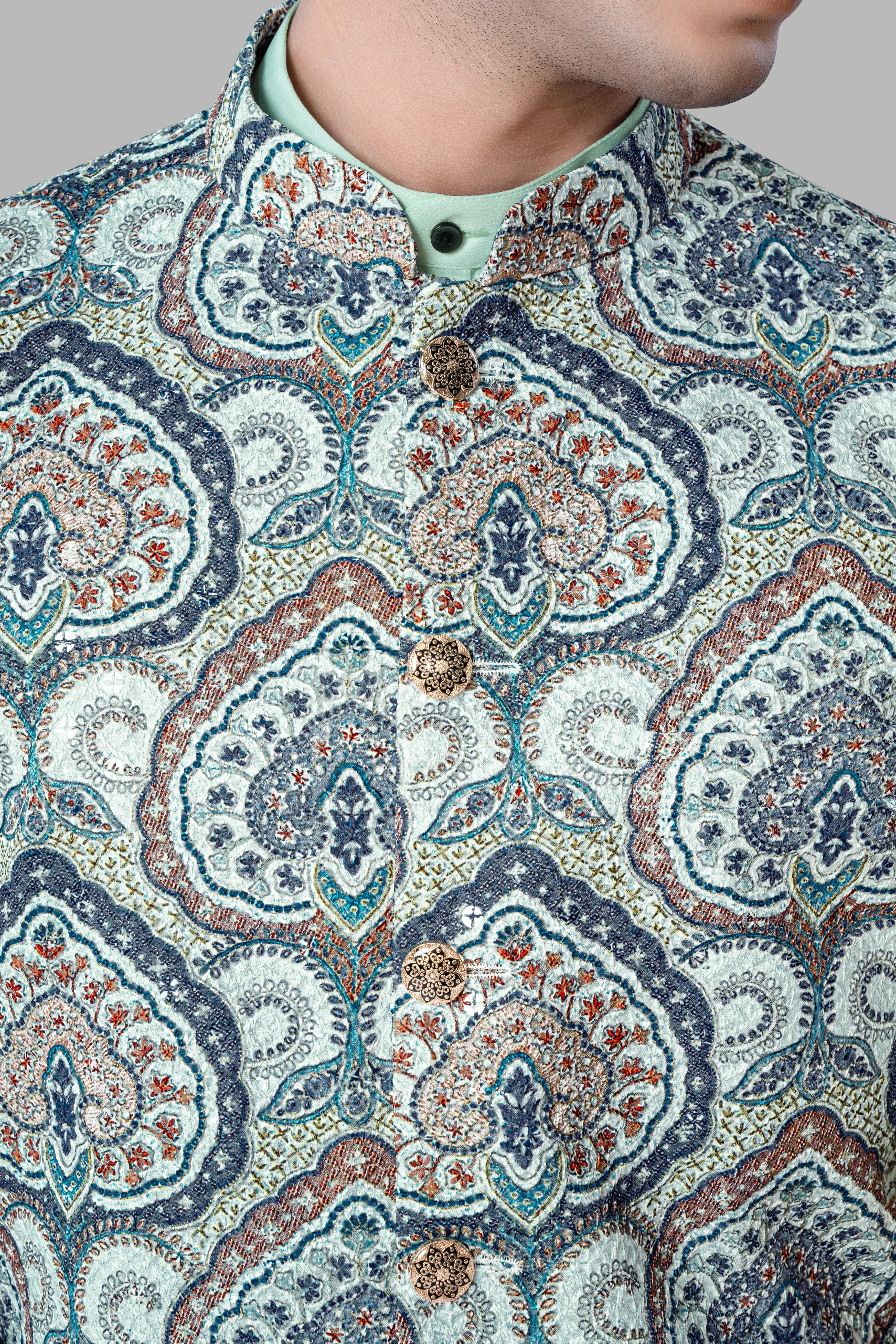 Periglacial Green Kurta Set With Shiraz Blue And Hippie Red MultiColour Embroidered Nehru Jacket sold by French Crown product image thumbnail 5