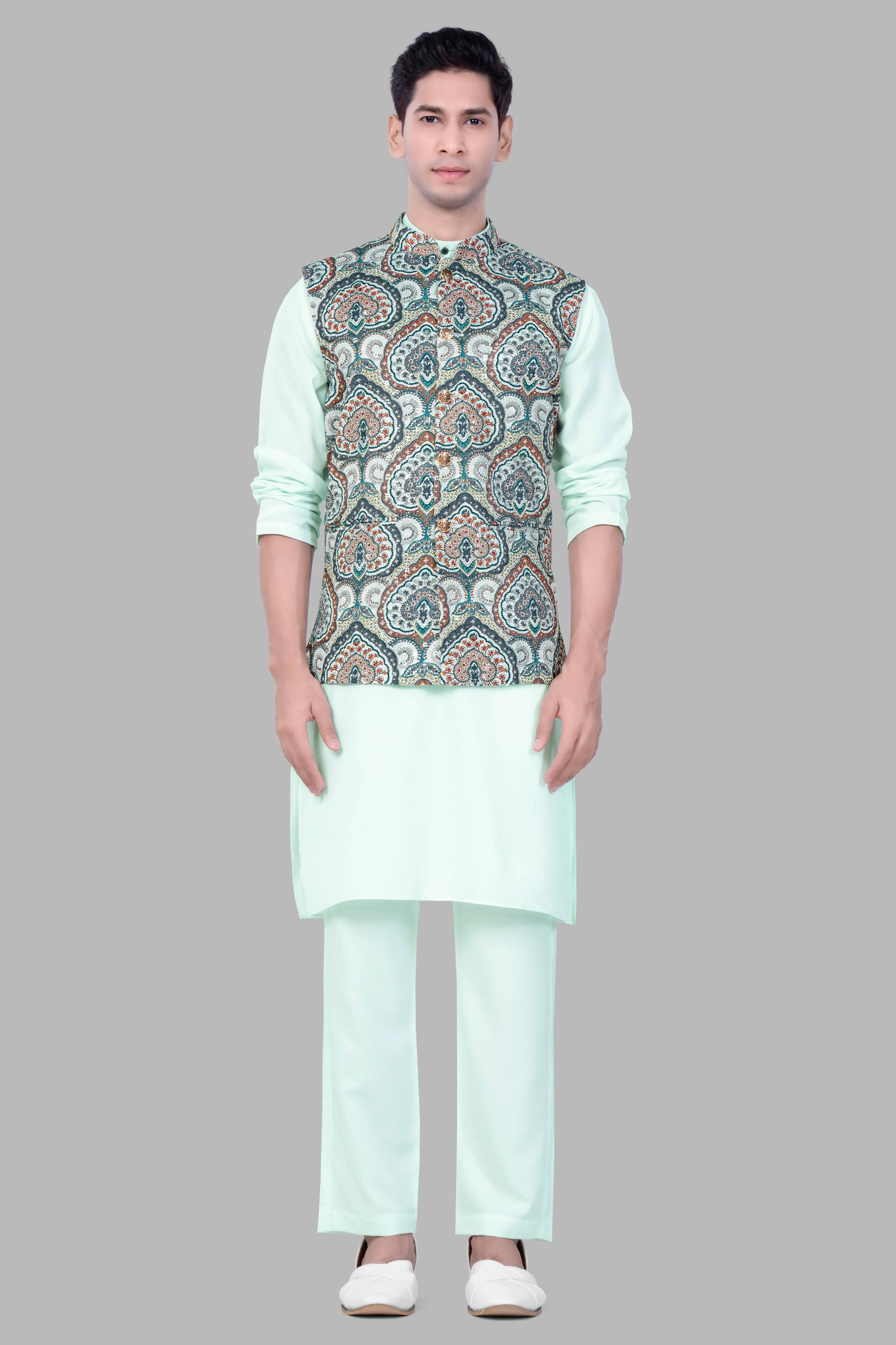 Periglacial Green Kurta Set With Shiraz Blue And Hippie Red MultiColour Embroidered Nehru Jacket sold by French Crown product image thumbnail 2