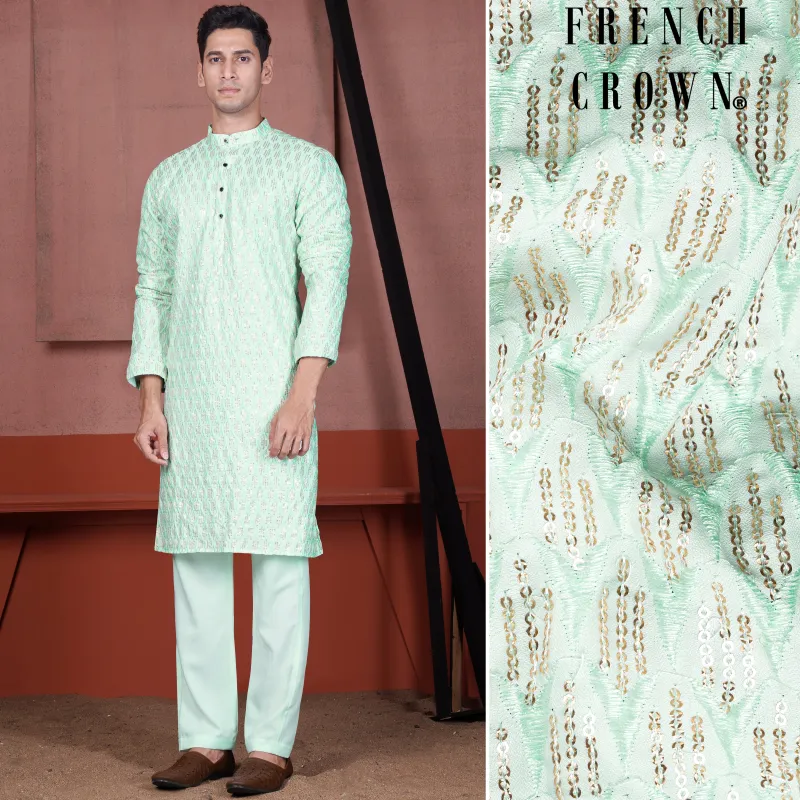 Edgewater Green Viscose Embroidered with Tikki Work Designer Kurta Set sold by French Crown