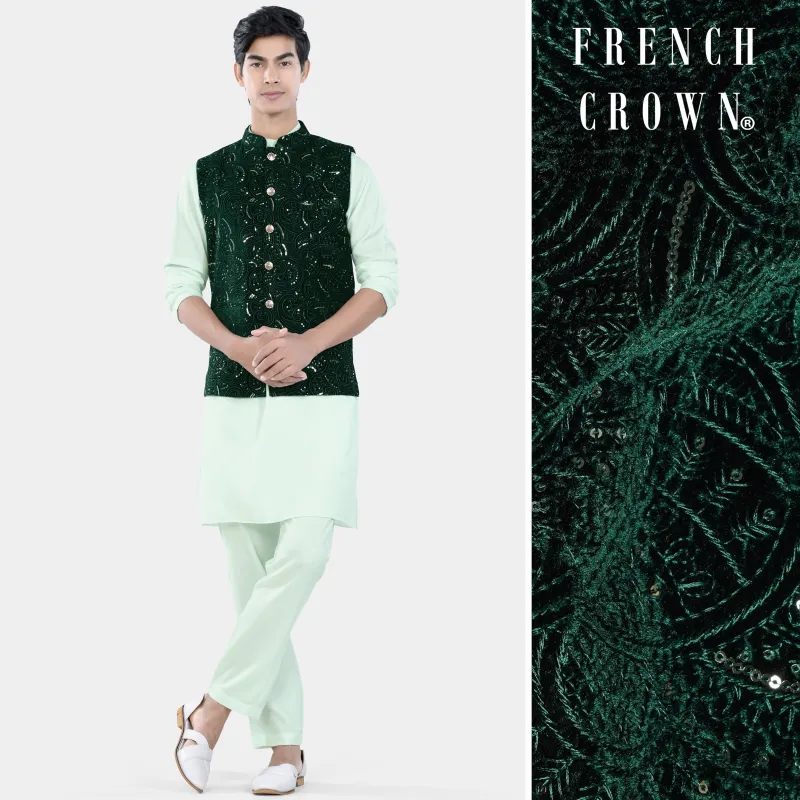 Periglacial Green Kurta Set with Palm and Jewel Green Sequin and Thread Embroidered Designer Nehru Jacket sold by French Crown