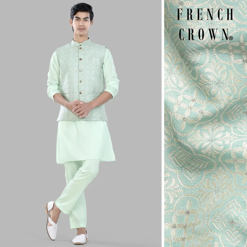 Periglacial Green Kurta Set with Opal Green and White Moroccan Jacquard Textured Designer Nehru Jacket sold by French Crown