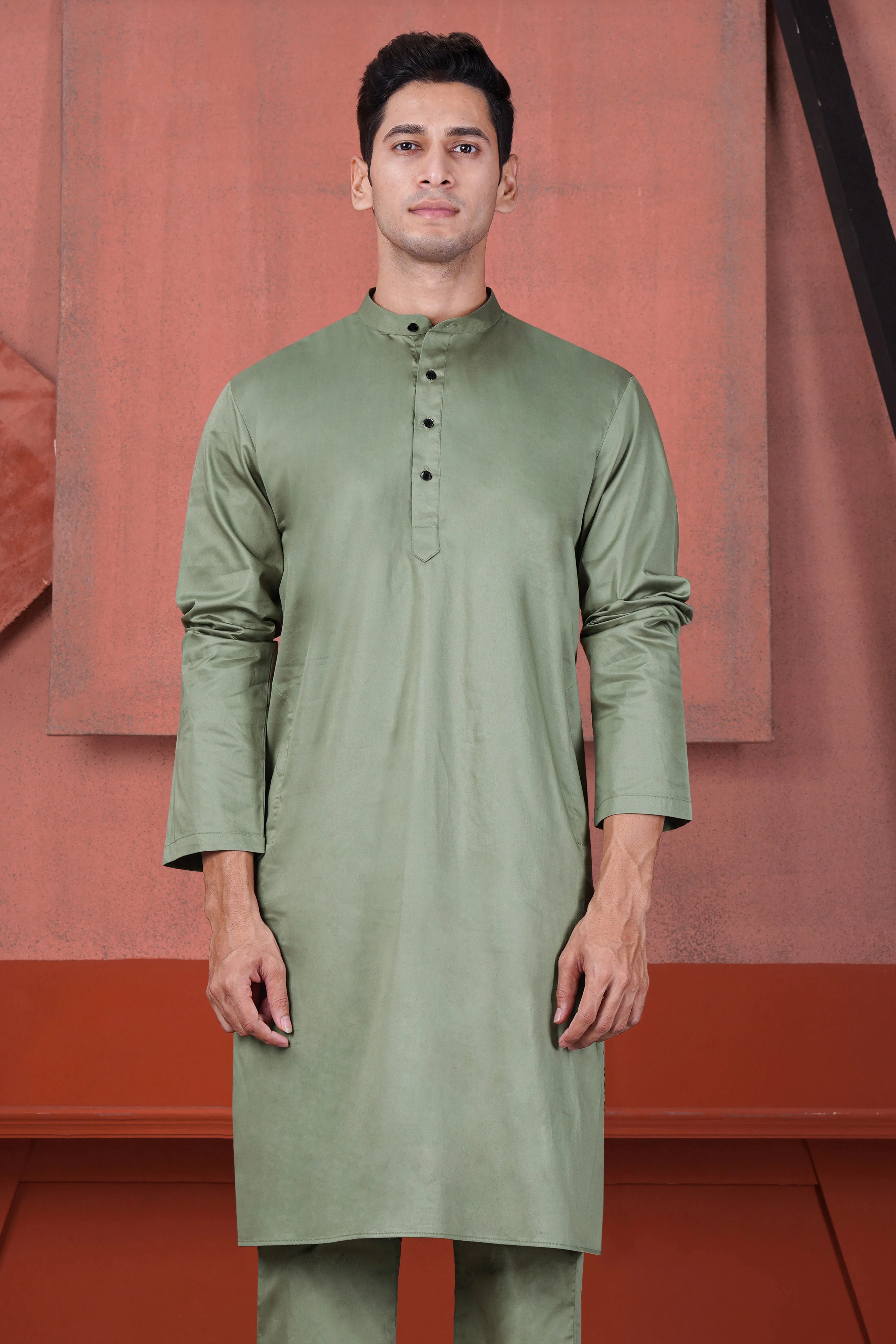 Olive Green Subtle Sheen Super Soft Premium Cotton Kurta sold by French Crown product image thumbnail 2