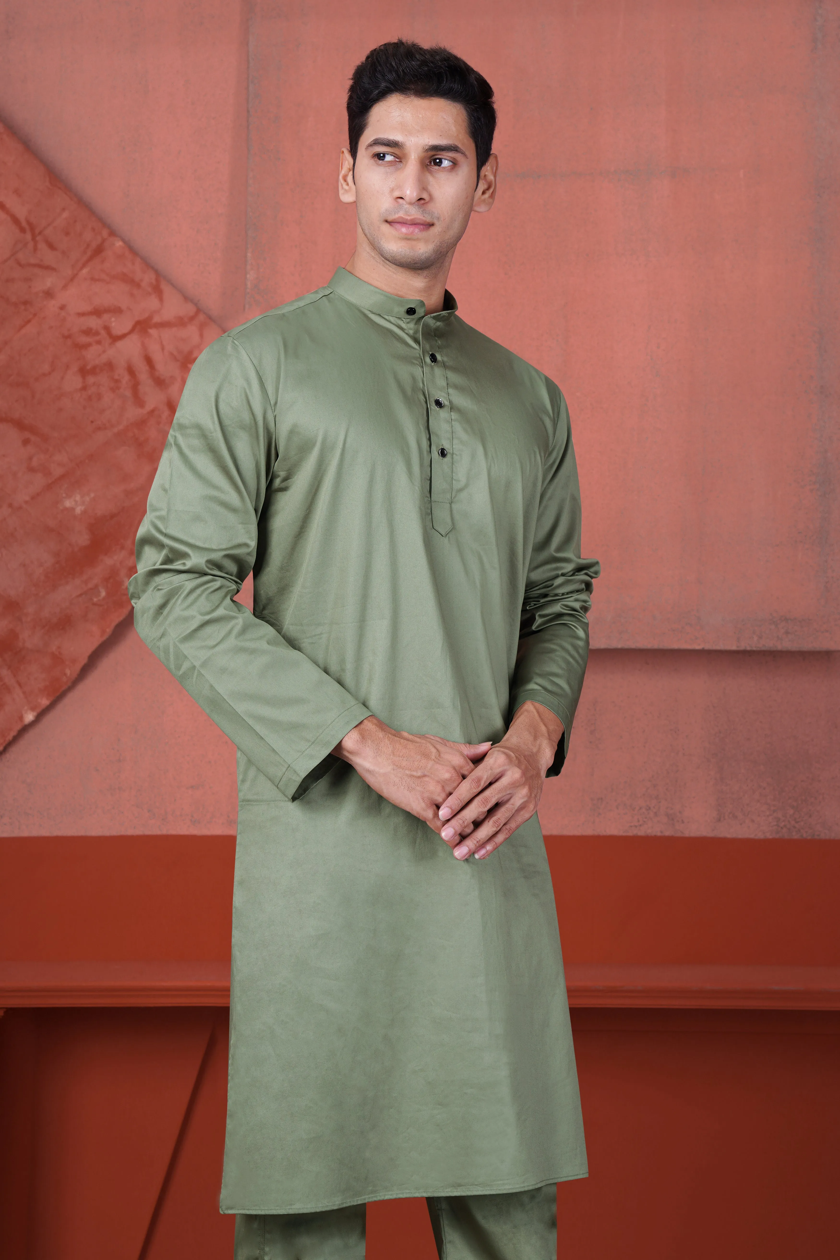 Olive Green Subtle Sheen Super Soft Premium Cotton Kurta sold by French Crown product image thumbnail 5