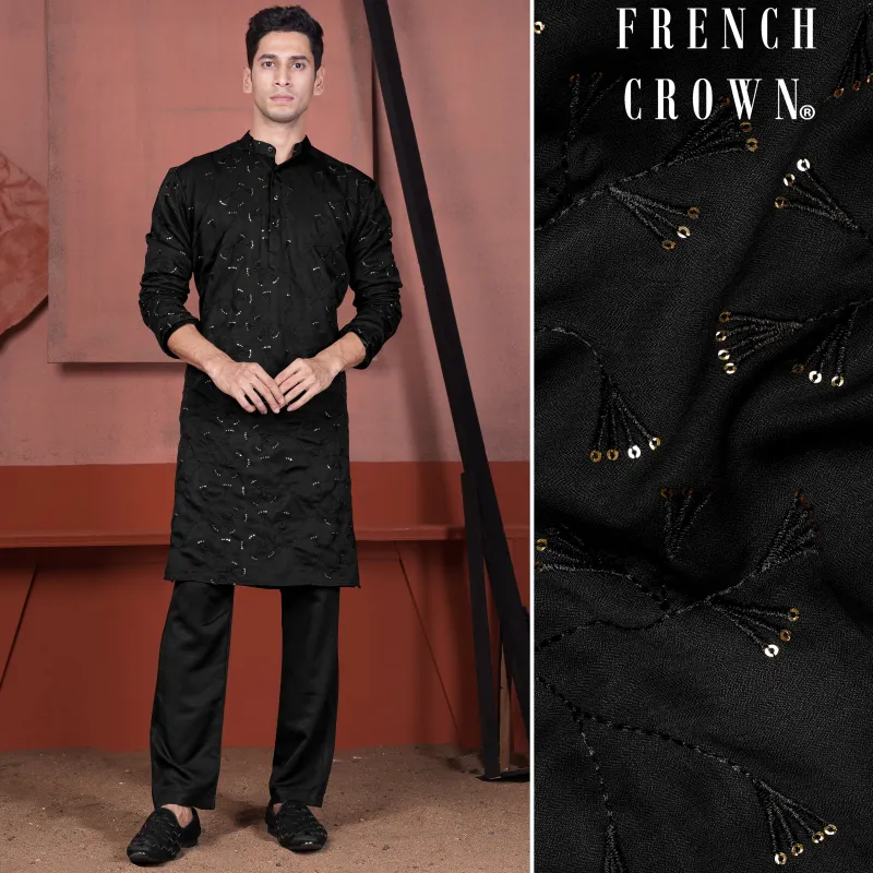 Jade Black Viscose Embroidered with Tikki Work Designer Kurta Set sold by French Crown