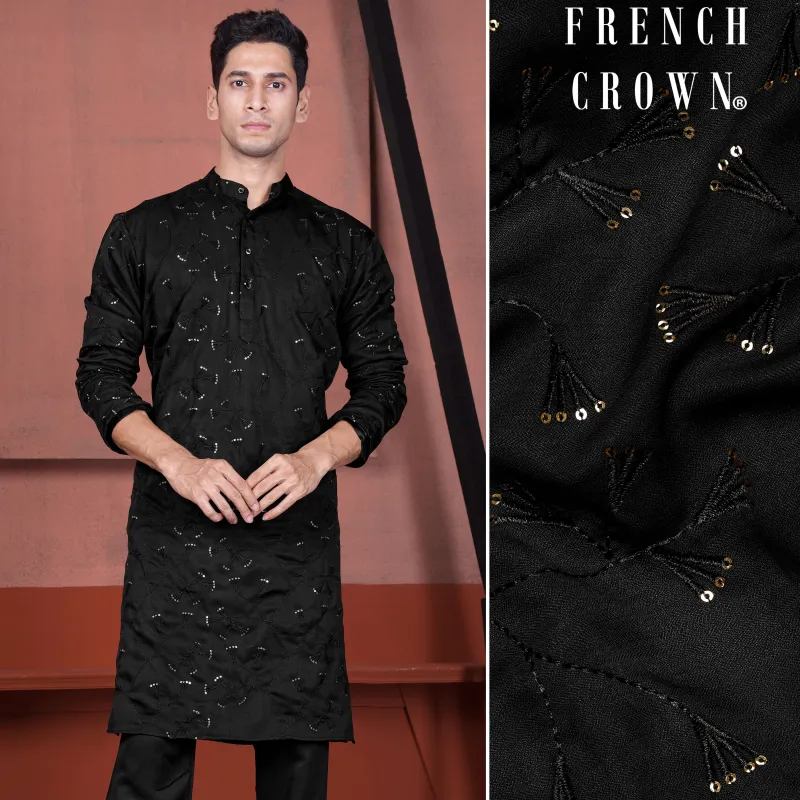 Jade Black Viscose Embroidered with Tikki Work Designer Kurta sold by French Crown