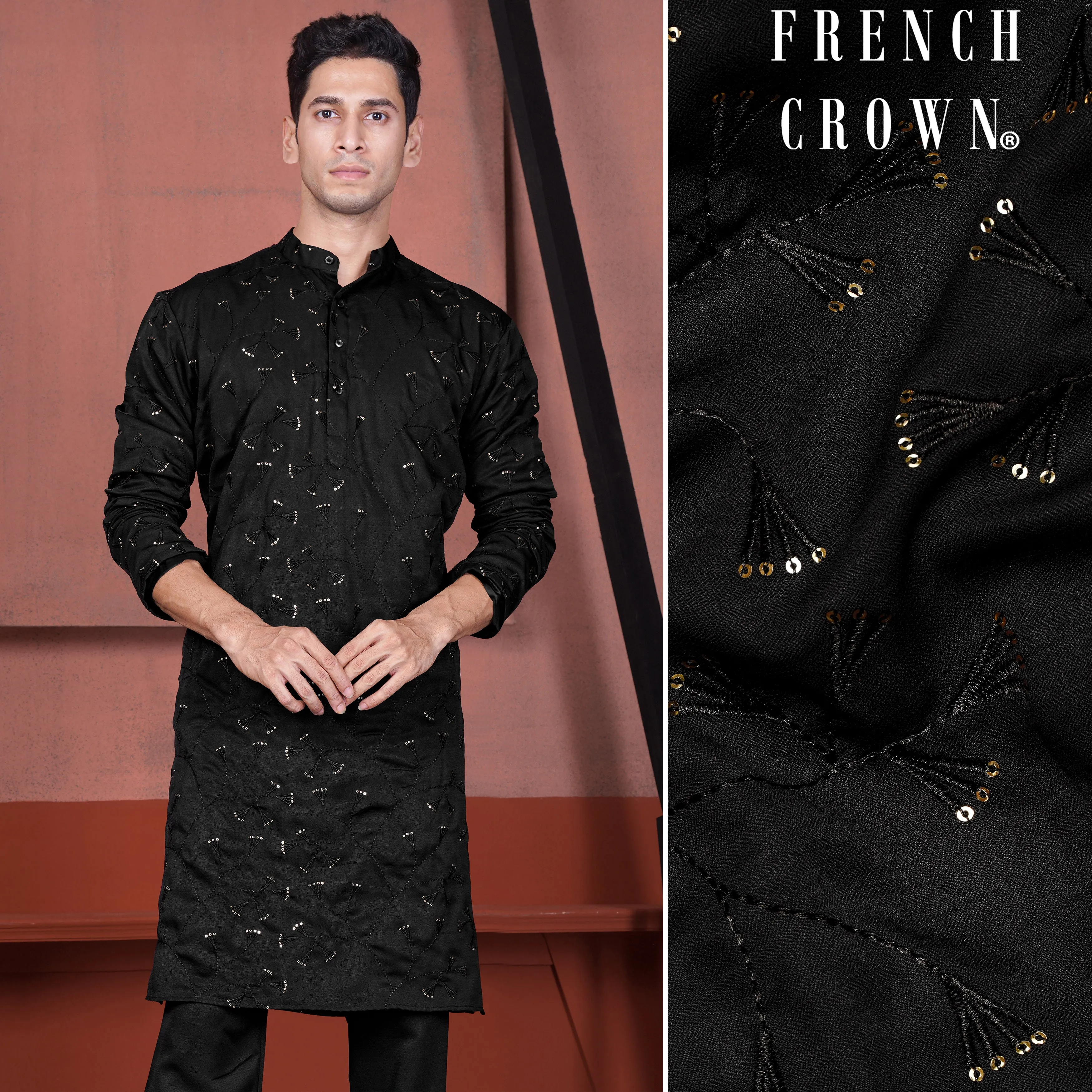 Jade Black Viscose Embroidered with Tikki Work Designer Kurta sold by French Crown