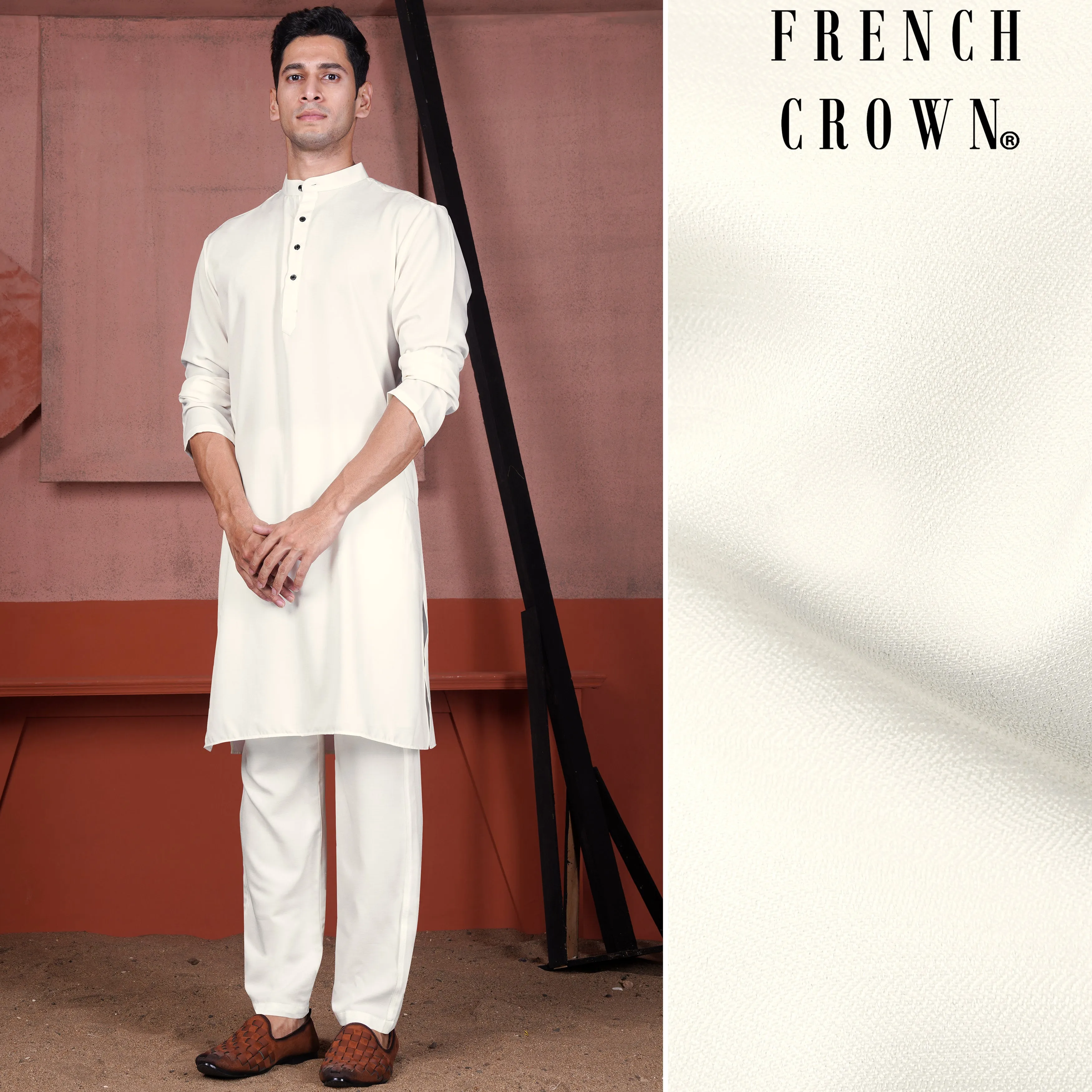 Albescent Cream Viscose Kurta Set sold by French Crown