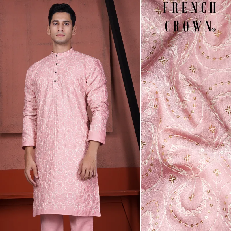 Careys Pink Circular Cotton Thread Embroidered Viscose Designer Kurta sold by French Crown