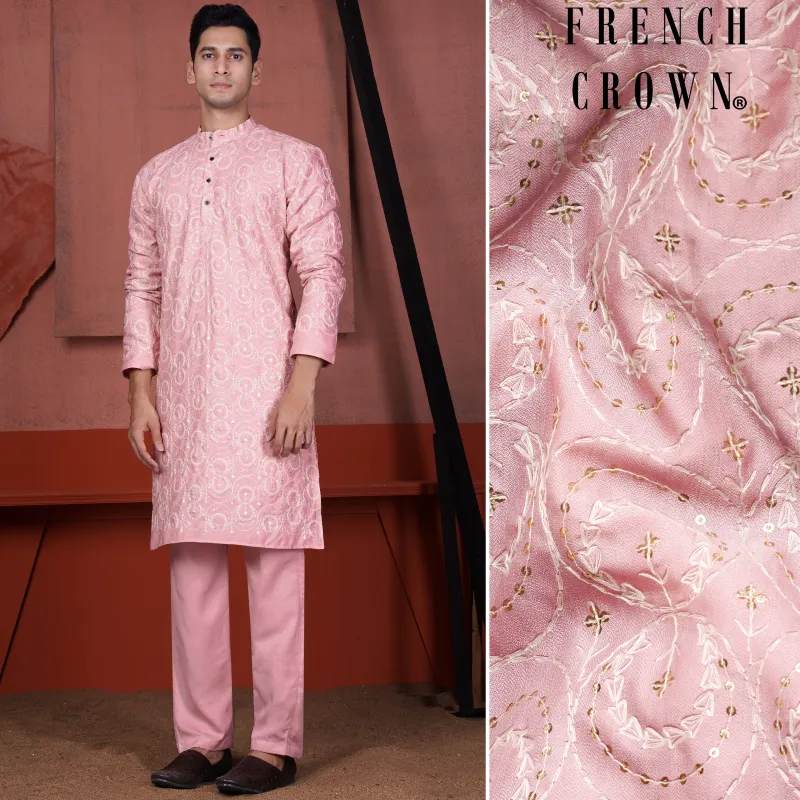 Careys Pink Circular Cotton Thread Embroidered Viscose Designer Kurta Set sold by French Crown