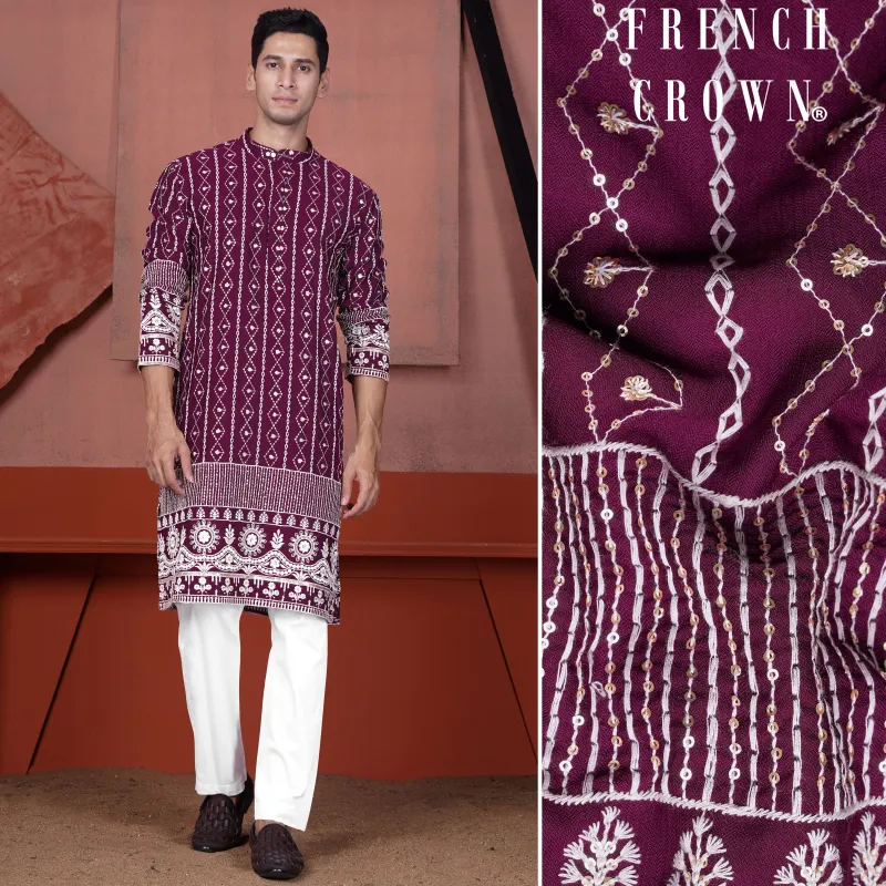 Barossa Purple and Bright White Embroidered Viscose Designer Kurta Set sold by French Crown