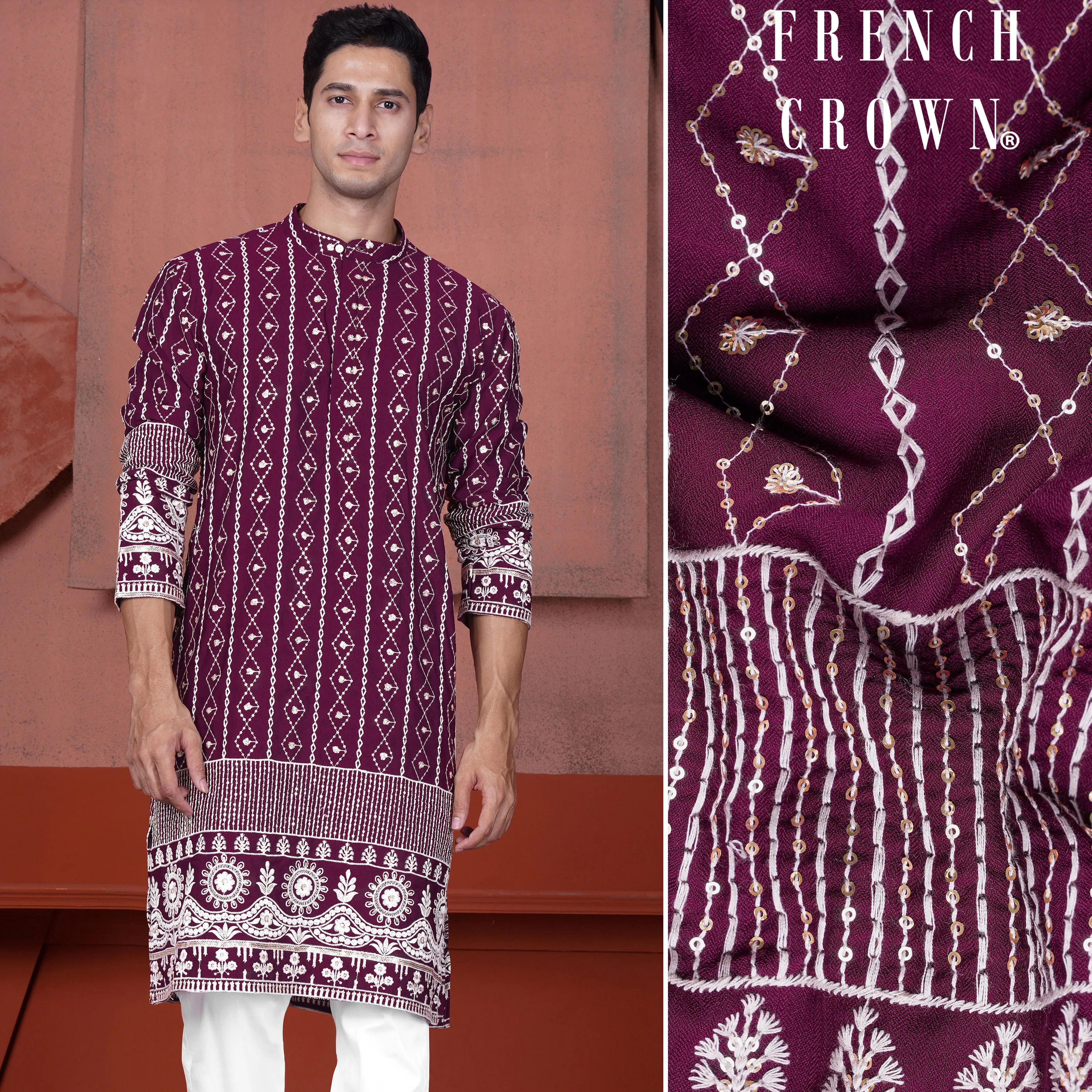 Barossa Purple and Bright White Embroidered Viscose Designer Kurta sold by French Crown