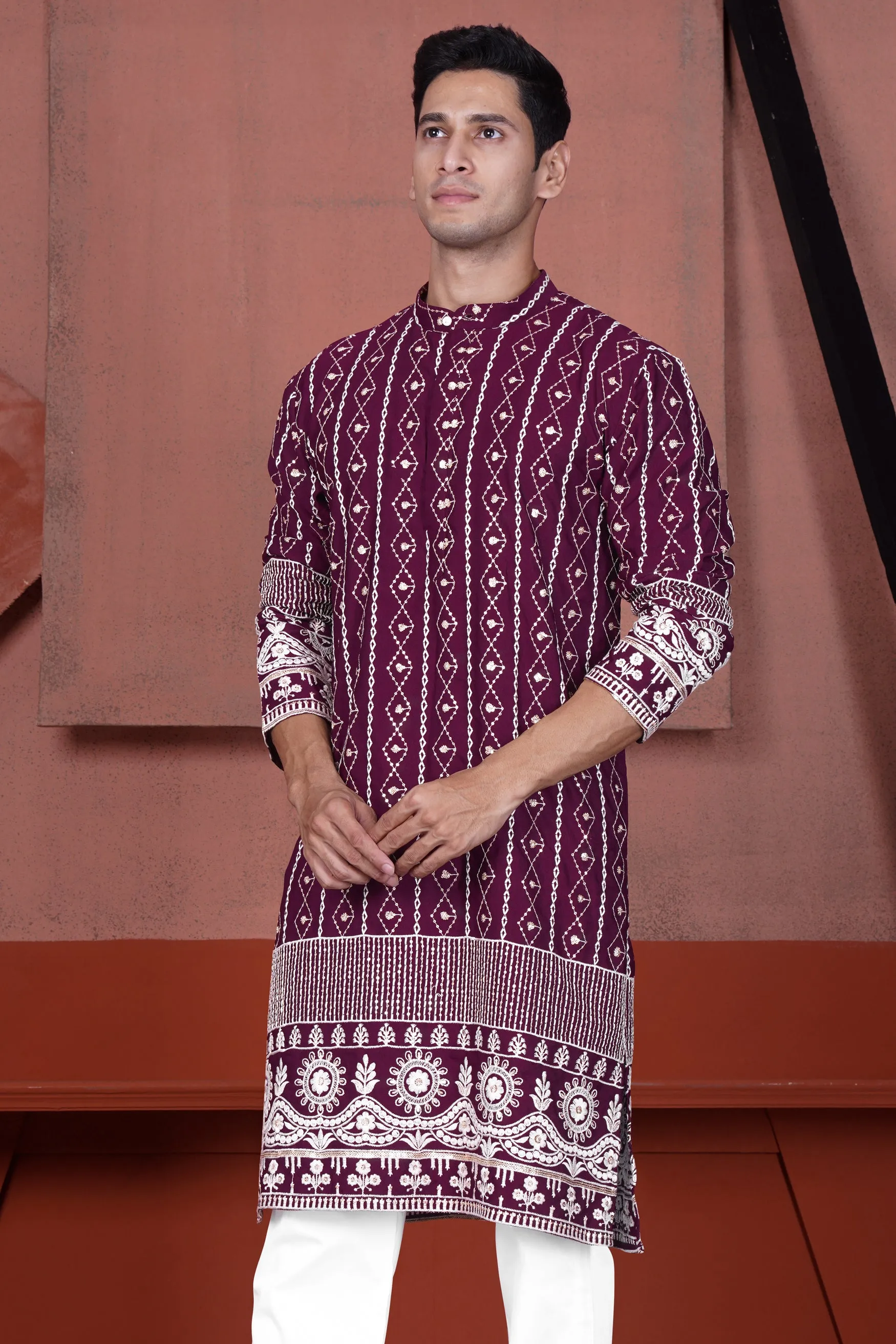 Barossa Purple and Bright White Embroidered Viscose Designer Kurta sold by French Crown product image thumbnail 5