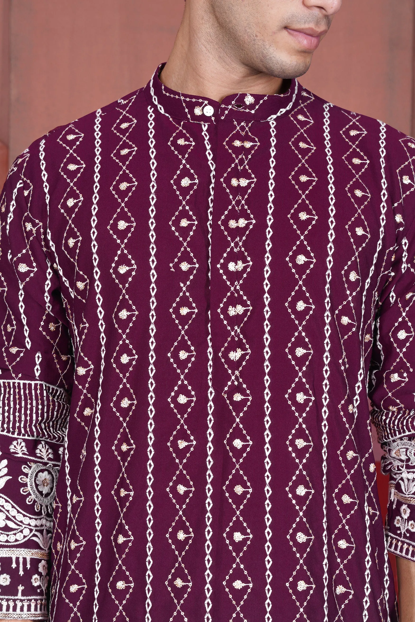 Barossa Purple and Bright White Embroidered Viscose Designer Kurta sold by French Crown product image thumbnail 4