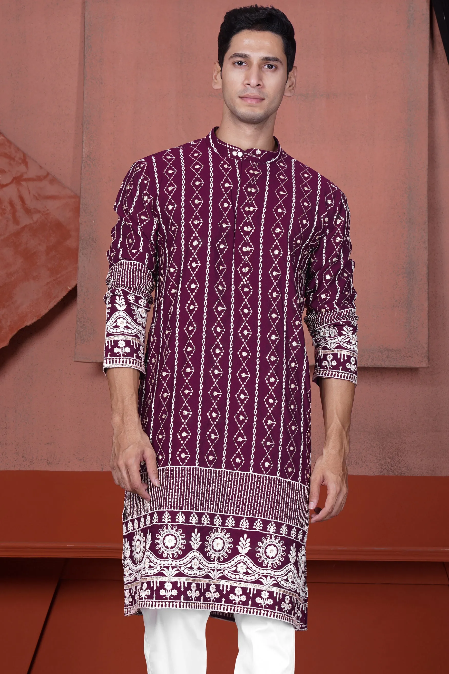 Barossa Purple and Bright White Embroidered Viscose Designer Kurta sold by French Crown product image thumbnail 2