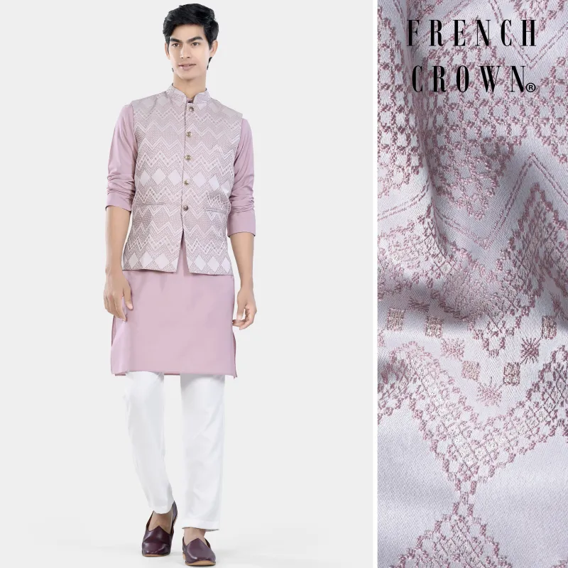 Thistle Pink Kurta Set with Blossom Pink Chevron Thread Embroidered Designer Nehru Jacket sold by French Crown