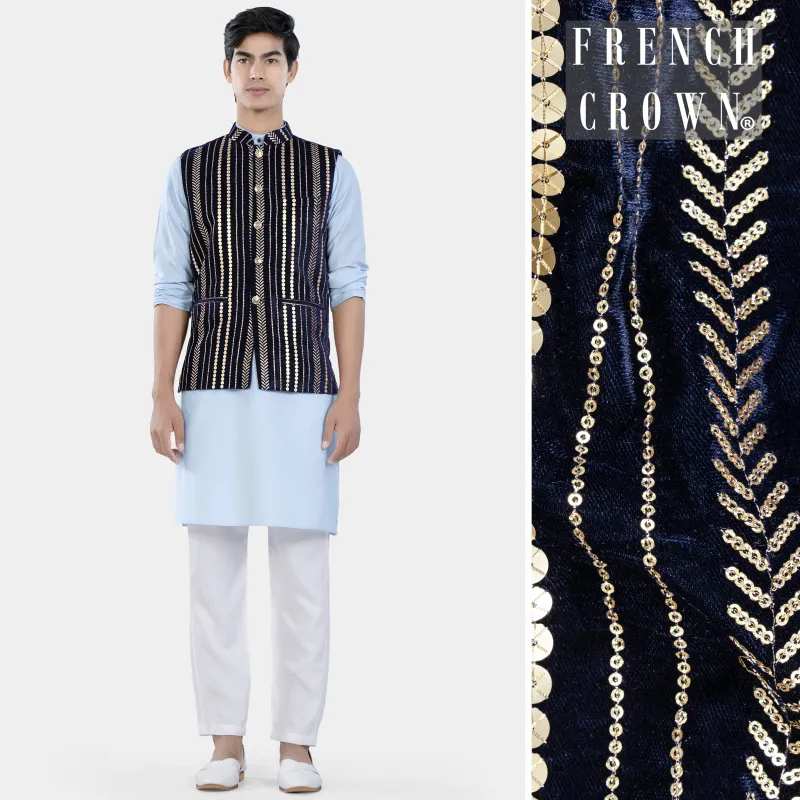 Tropical Blue Kurta Set with Stratos Blue Vertical Sequin Embroidered Designer Nehru Jacket sold by French Crown