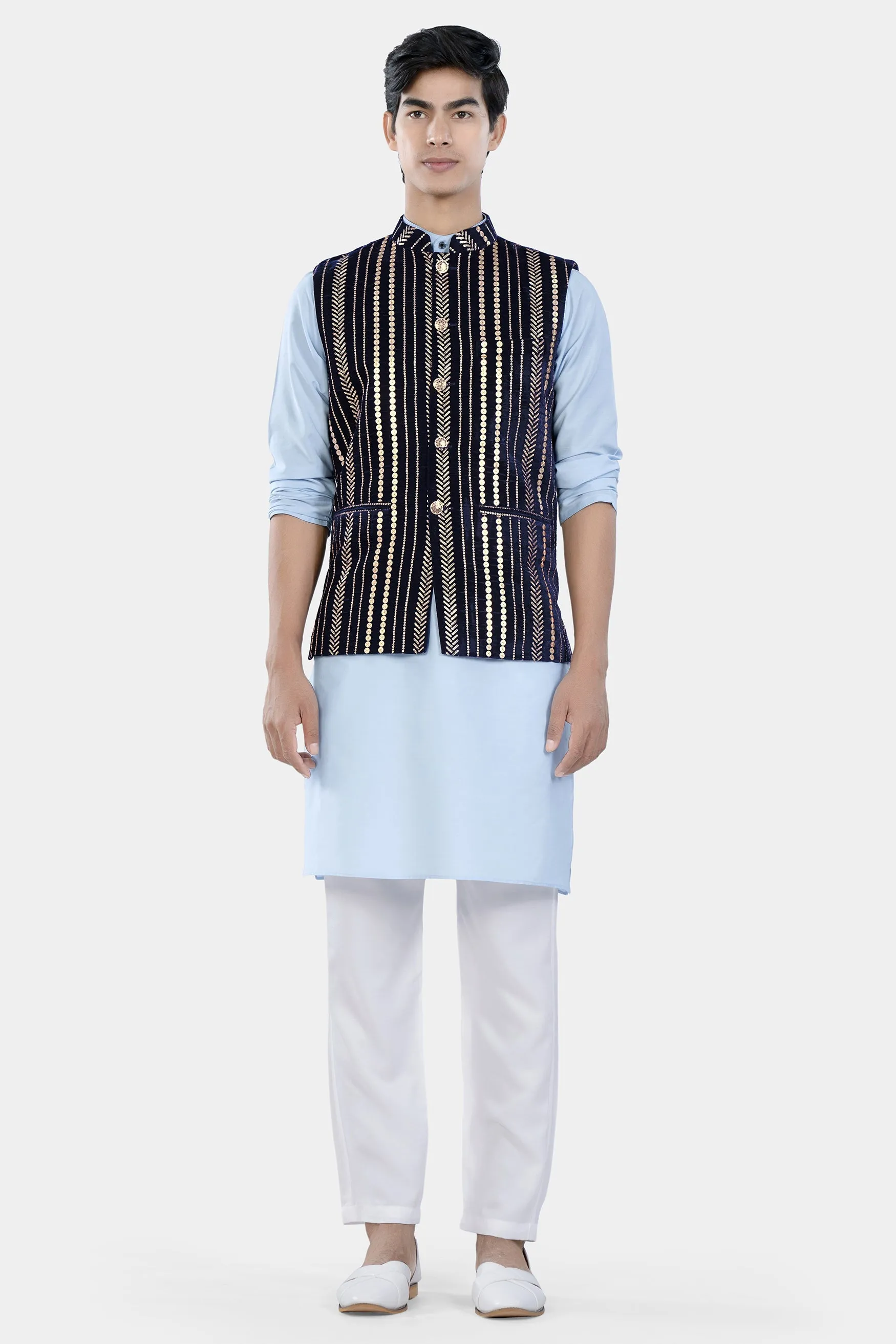 Tropical Blue Kurta Set with Stratos Blue Vertical Sequin Embroidered Designer Nehru Jacket sold by French Crown product image thumbnail 2