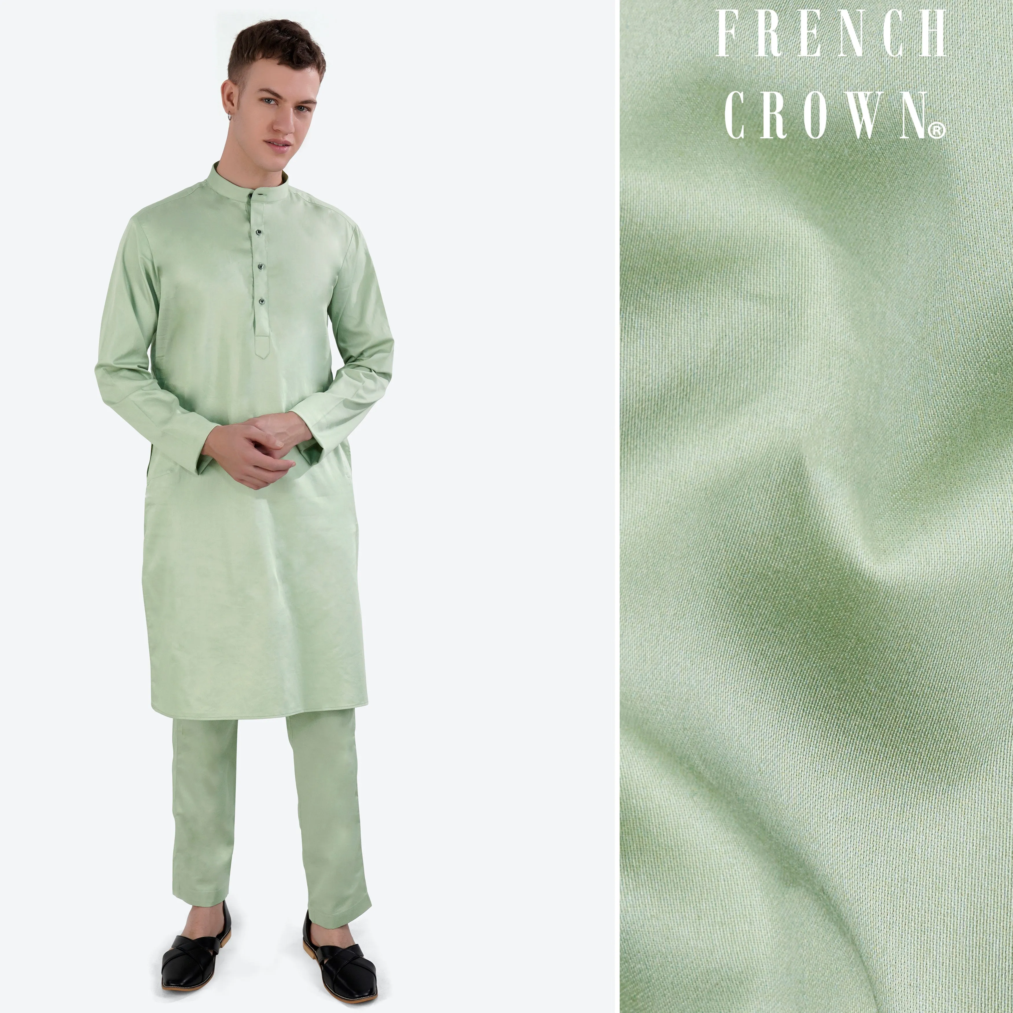 Coriander Green Subtle Sheen Super Soft Premium Cotton Kurta Set sold by French Crown