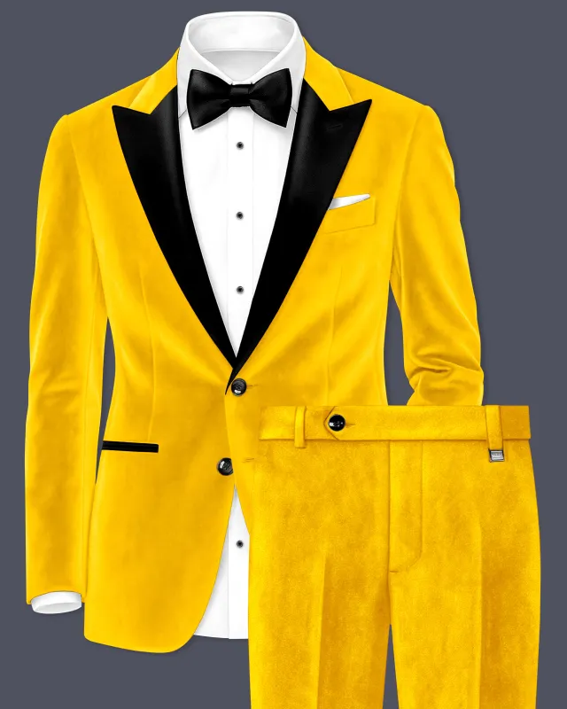 Safvell-Mustard Yellow Velvet Peak Lapel Tuxedo Suit sold by French Crown