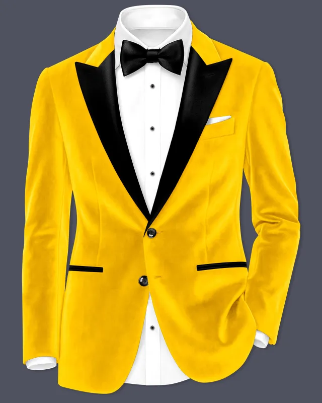 Safvell-Mustard Yellow Velvet Peak Lapel Tuxedo Blazer sold by French Crown