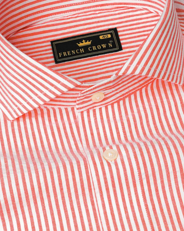 Bright White with Valencia Red Striped Seersucker Giza Cotton Shirt sold by French Crown