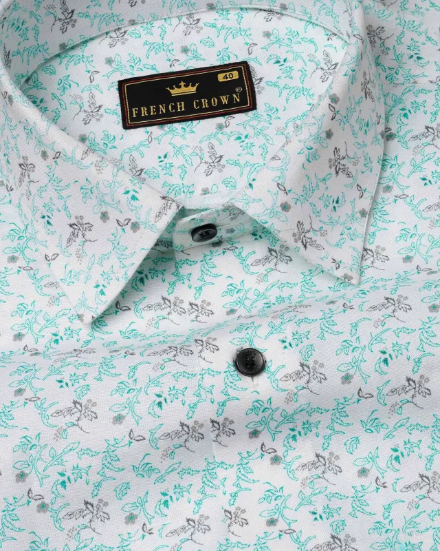 Bright White Leaves Printed Luxurious Linen Shirt sold by French Crown