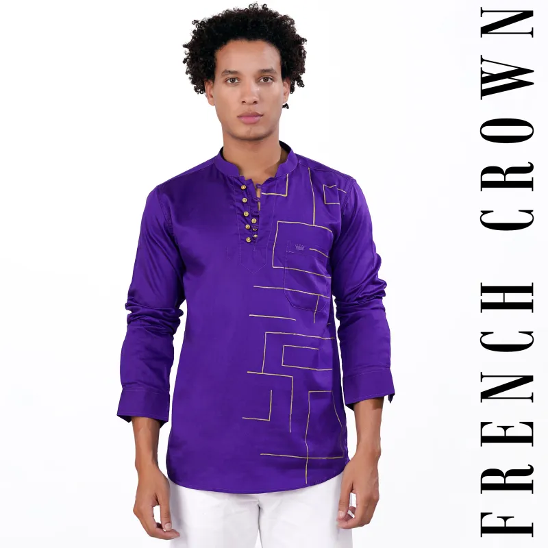 Iris Purple with Golden Hand Painted Super Soft Premium Cotton Designer Kurta Shirt sold by French Crown