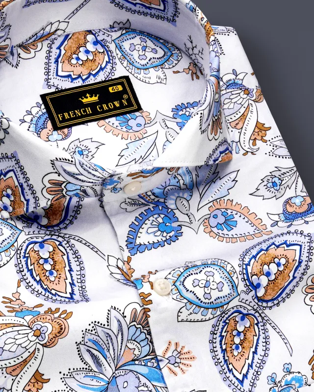 Florenzor-Bright White And Celestial Blue Paisley Printed Subtle Sheen Super Soft Premium Cotton Casual Shirt sold by French Crown
