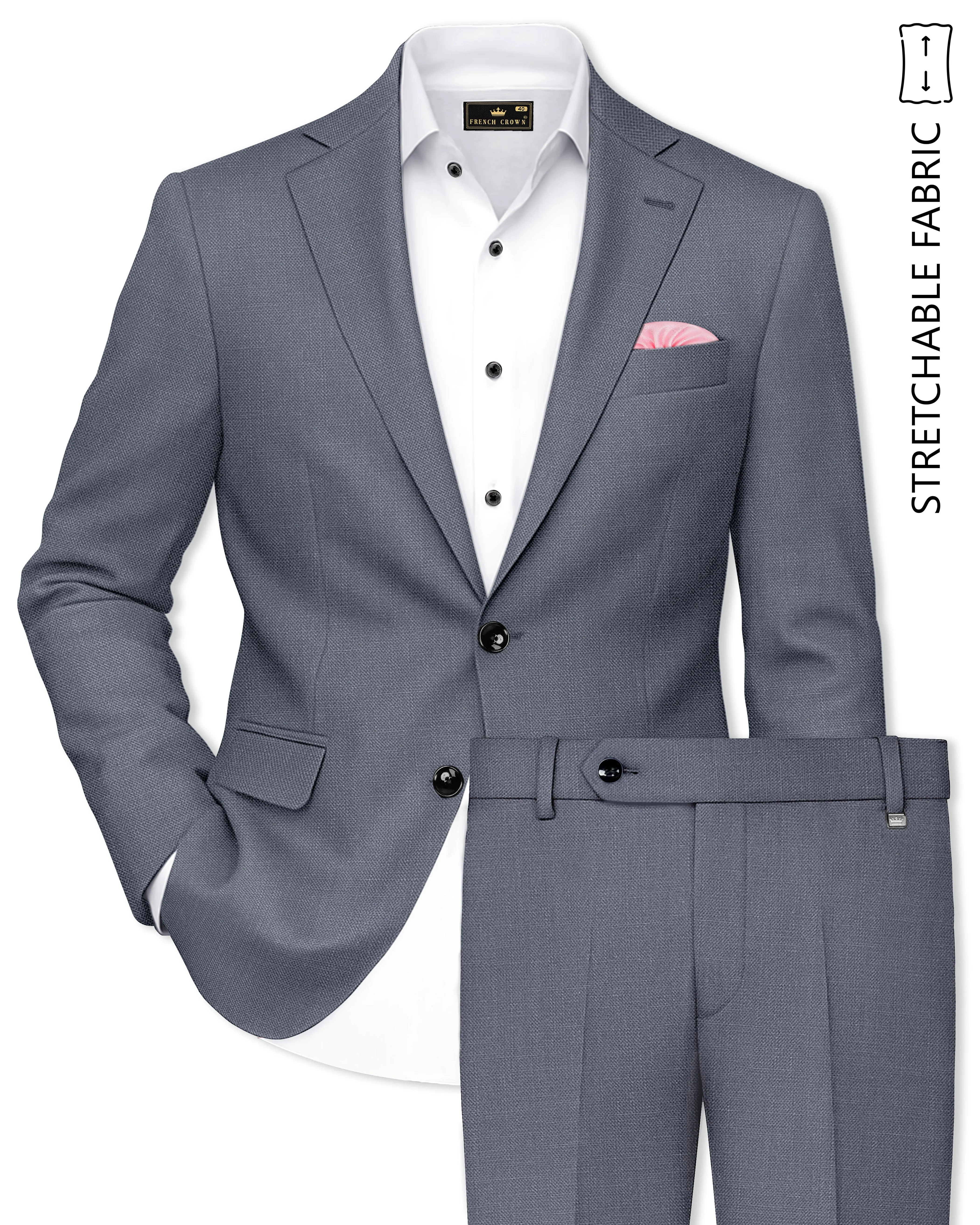 Cineris-Shuttle Gray Luxurious Linen Single Breasted Stretchable traveler Suit sold by French Crown