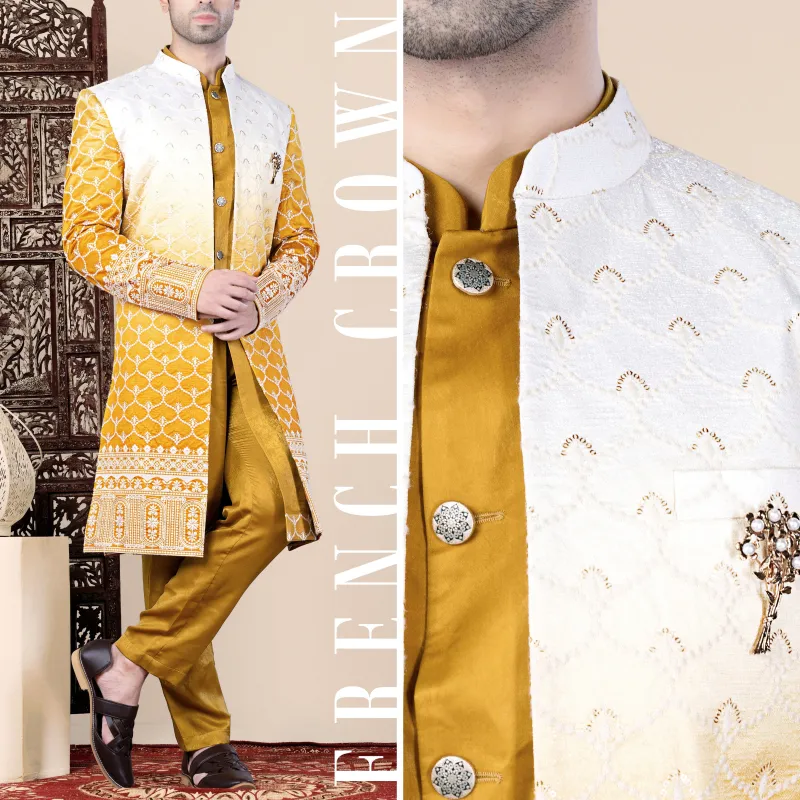Bright White and Macaroni Yellow Ogee Thread and Sequin Embroidered Indo-Western sold by French Crown