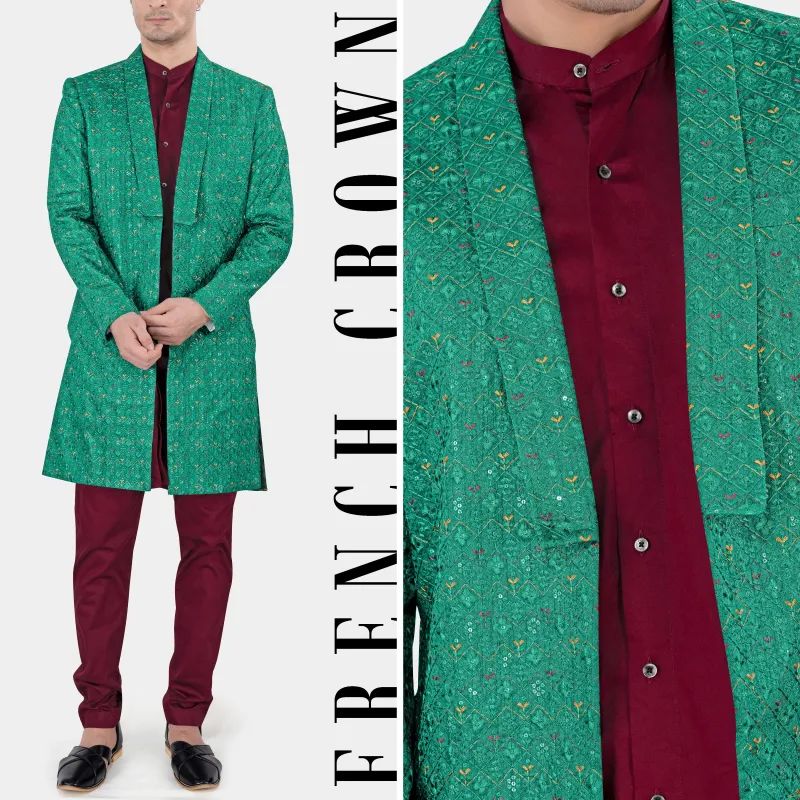 Meadow Green Thread Work Indo Western with Carmine Maroon Kurta and Pajama Set sold by French Crown