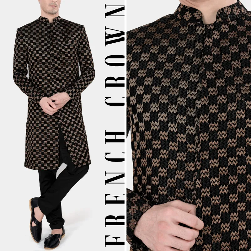 Jade Black and Toast Brown Zig Zag Embroidered Indo Western With Black Kurta and Pajama Set sold by French Crown