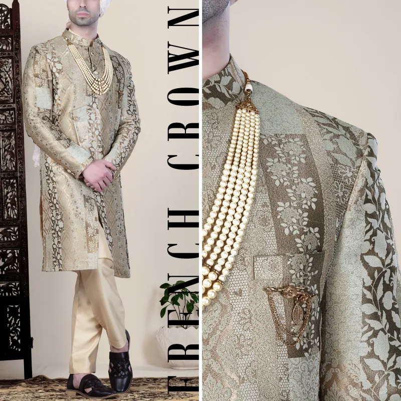 Nomad Brown and Armadillo Gray Jacquard Floral Weave Indo-Western Sherwani sold by French Crown