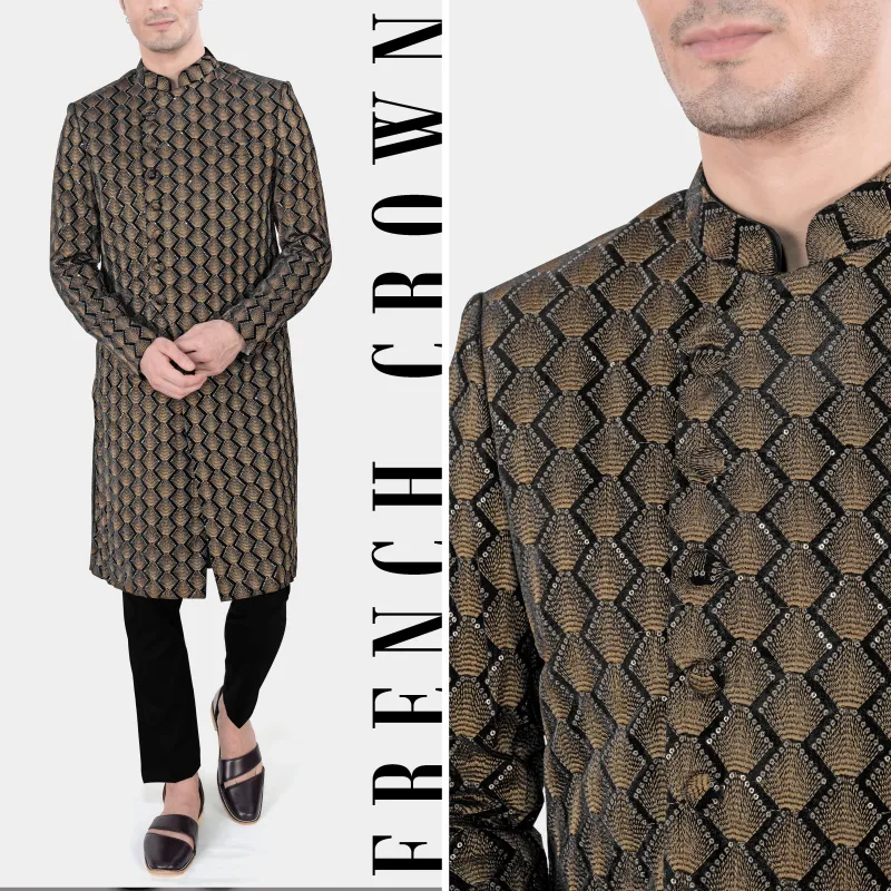 Jade Black and Toast Brown Golden Thread Embroidered Indo Western with Kurta and Pant Set sold by French Crown