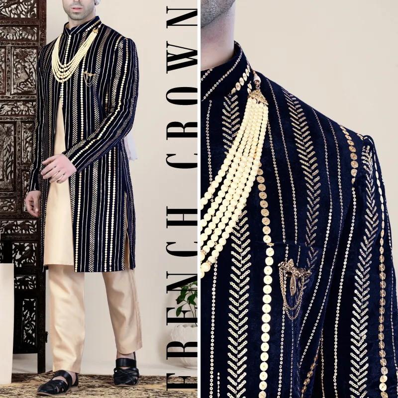Ebony Clay Blue Vertical Sequin Embroidered Indo-Western Sherwani sold by French Crown