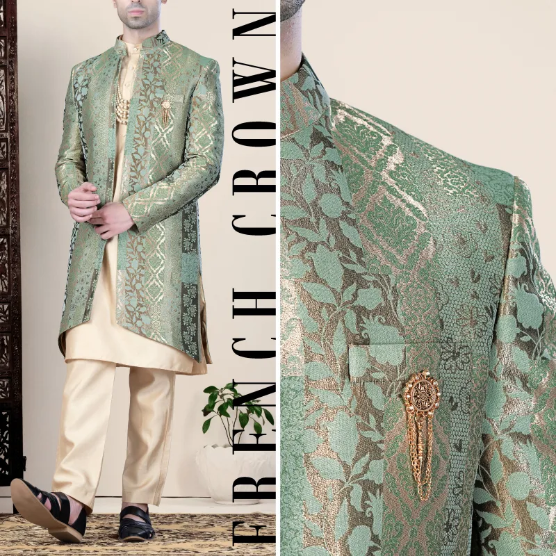 Envy Green and Opium Brown Jacquard Weave Indo-Western sold by French Crown