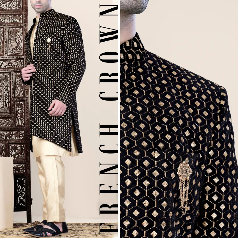 Jade Black and Fawn Brown Geometric Pattern Thread and Sequin Embroidered Indo-Western sold by French Crown