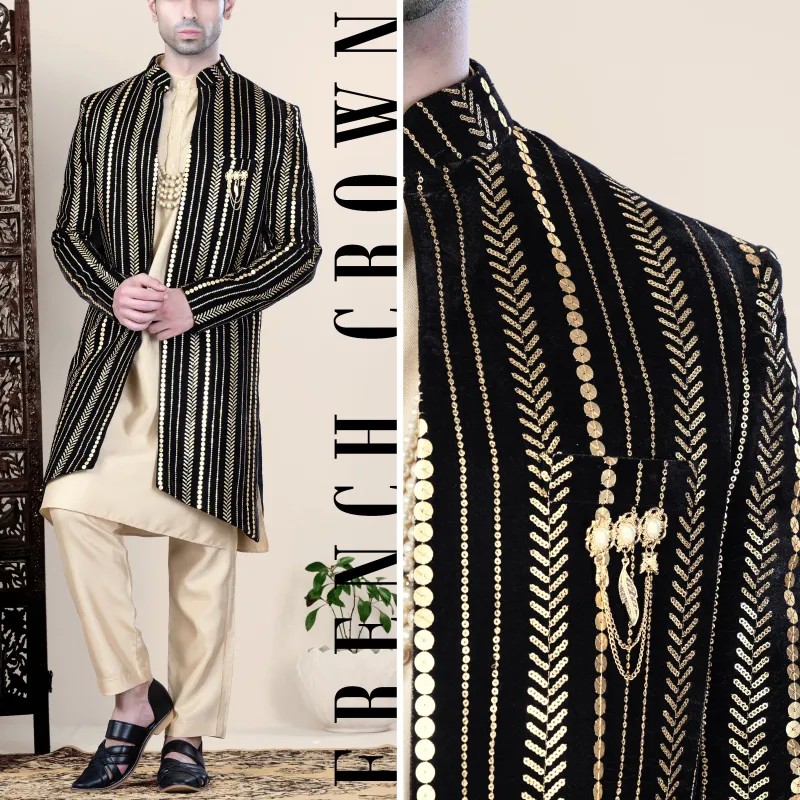 Jade Black Vertical Sequin Embroidered Indo-Western sold by French Crown