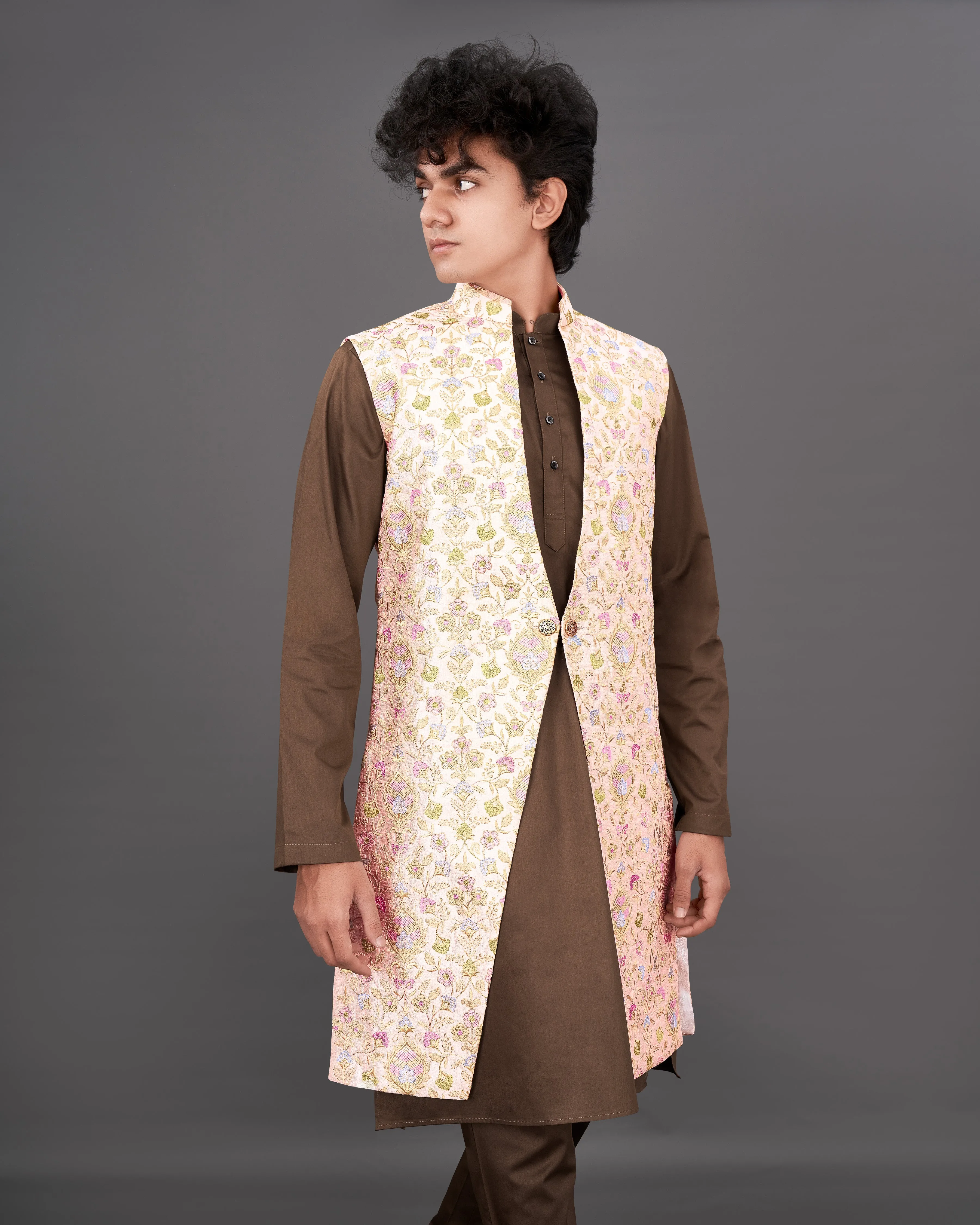 Mandys Peach Embroidered Sleeveless Indo-Western with Kurta and Pants Set sold by French Crown